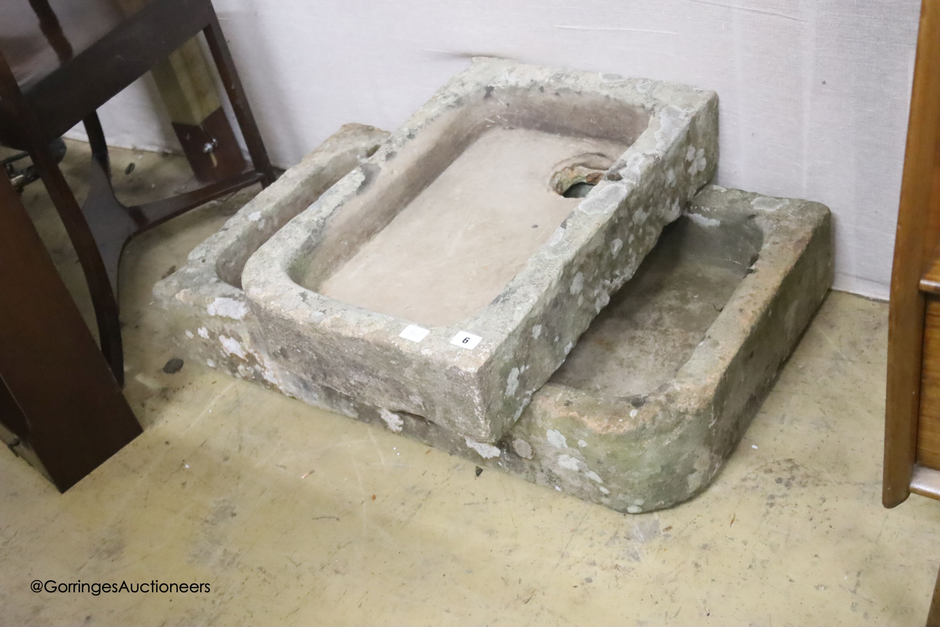 A pair of 19th century rectangular stone troughs, larger width 18cm, depth 50cm, height 16cm